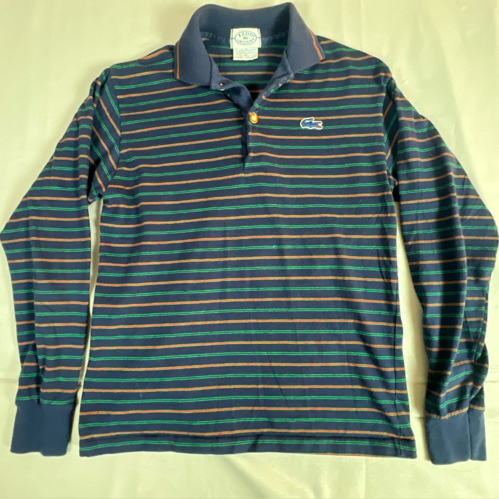 Vintage IZOD Lacoste Womens Polo Shirt USA Made Blue Striped Long Sleeve Size 18